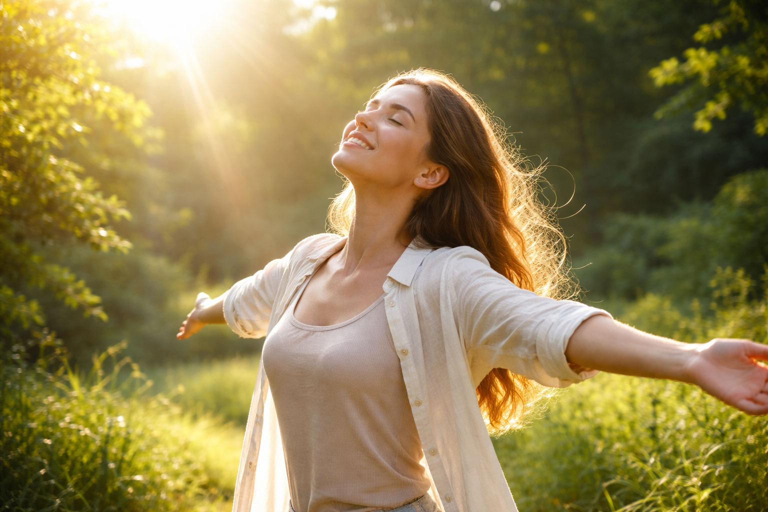Person enjoying morning sunlight outdoors with natural energy and vitality, peaceful atmosphere with greenery and fresh air