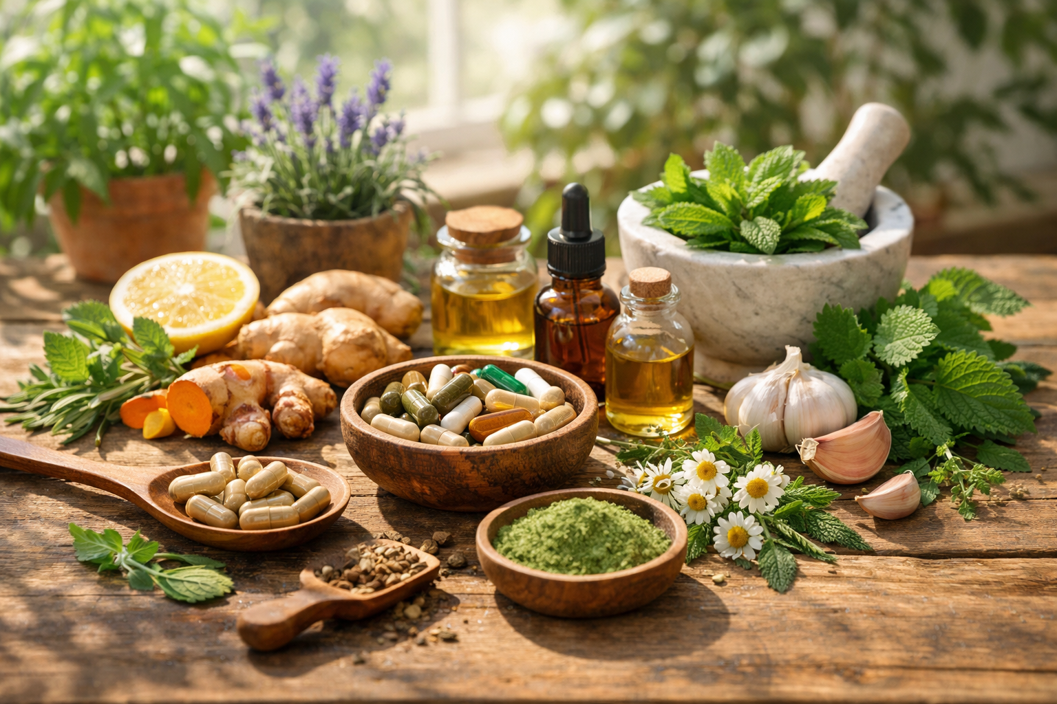 Natural herbal supplements and fresh ingredients on wooden table, wellness lifestyle concept with plants and daylight